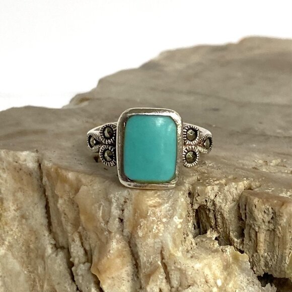 Sterling Silver 925 Rectangular Faux Turquoise Inlay Marcasite Shank Ring Sz 6.5 - Picture 11 of 16